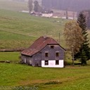 Farm buildings in the mist